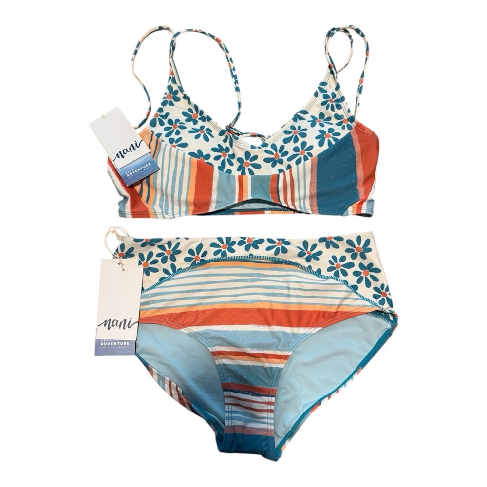 NANI Swimwear Women Floral Stripe Two-Piece Bikini Set Blue & Orange Underwire